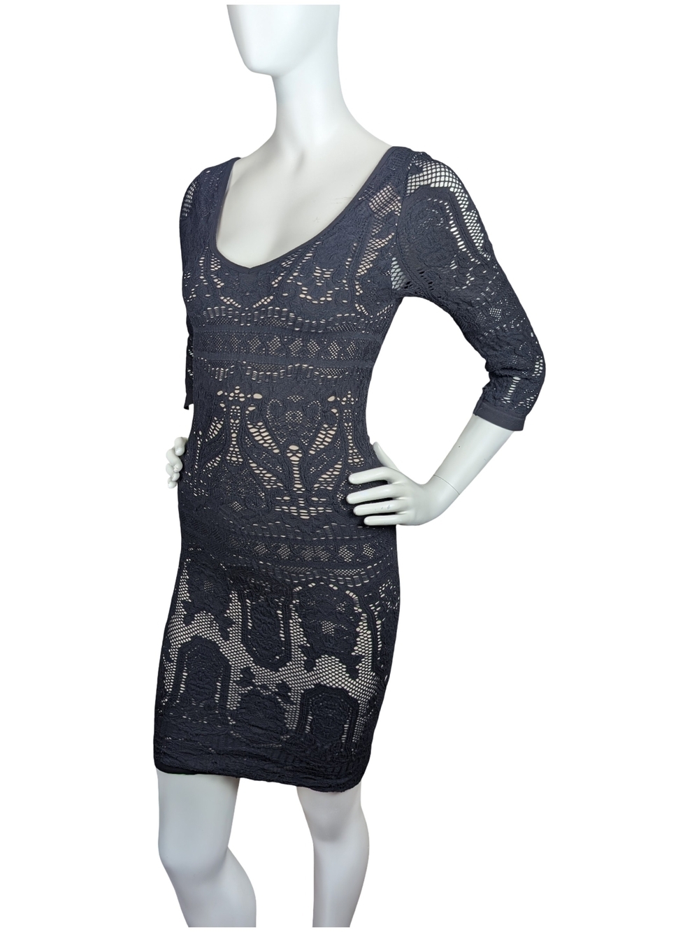 Vintage Y2K bebe Made USA Black Lace Nude Lined Bodycon Bombshell Dress M/L - Picture 2 of 9